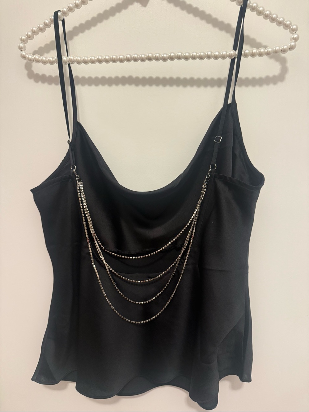 EXPRESS Black Satin-Like Silver Chain-Embellished Cami Top. Size Large